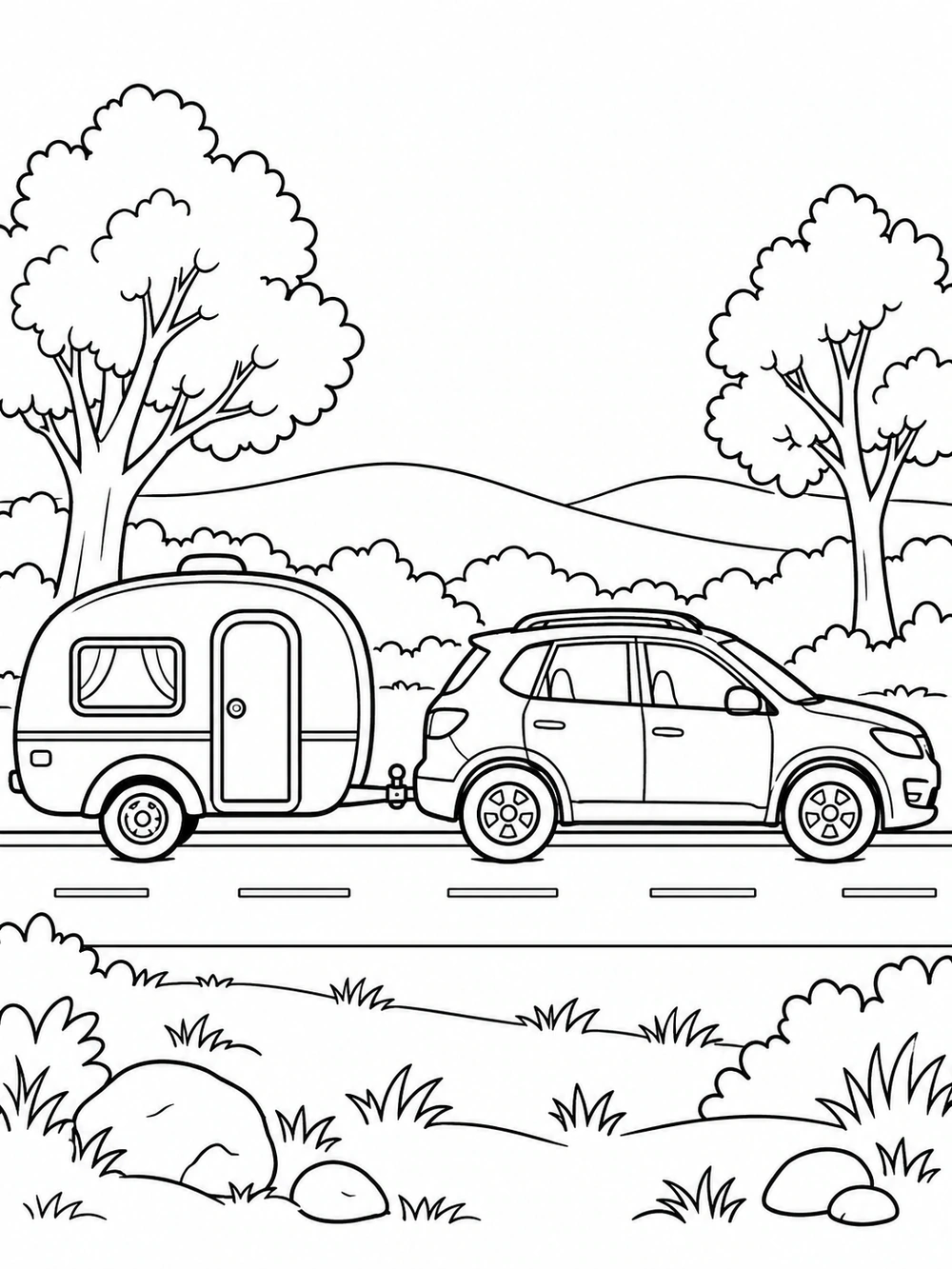 Black and white coloring page showing a family car towing a camper trailer, with trees and roadside scenery.