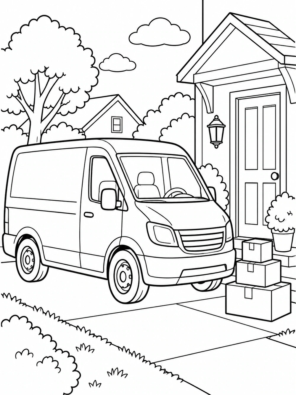 Black-and-white delivery van beside three stacked parcels and a house doorway coloring page