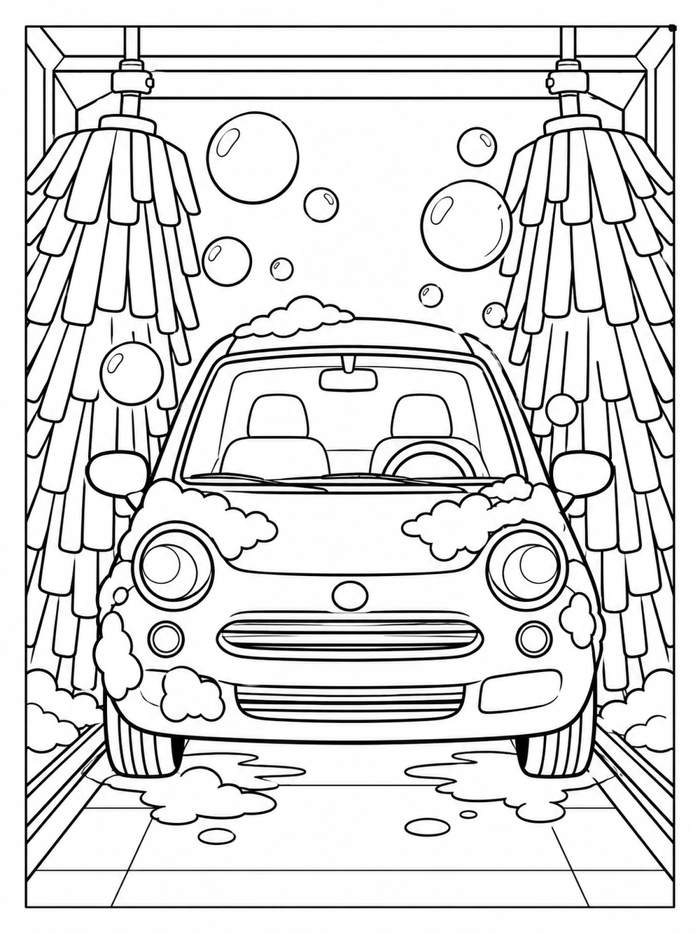 Front view of a compact car surrounded by hanging wash brushes, soap bubbles, and suds.