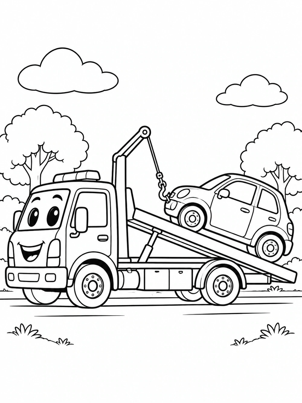 Friendly tow truck lifting a compact car on an angled platform coloring page