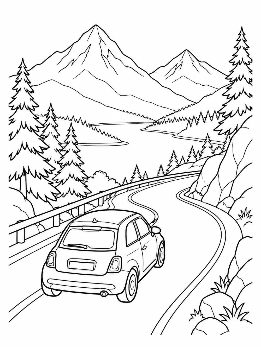 Black and white car coloring page showing a small car on a winding mountain road.