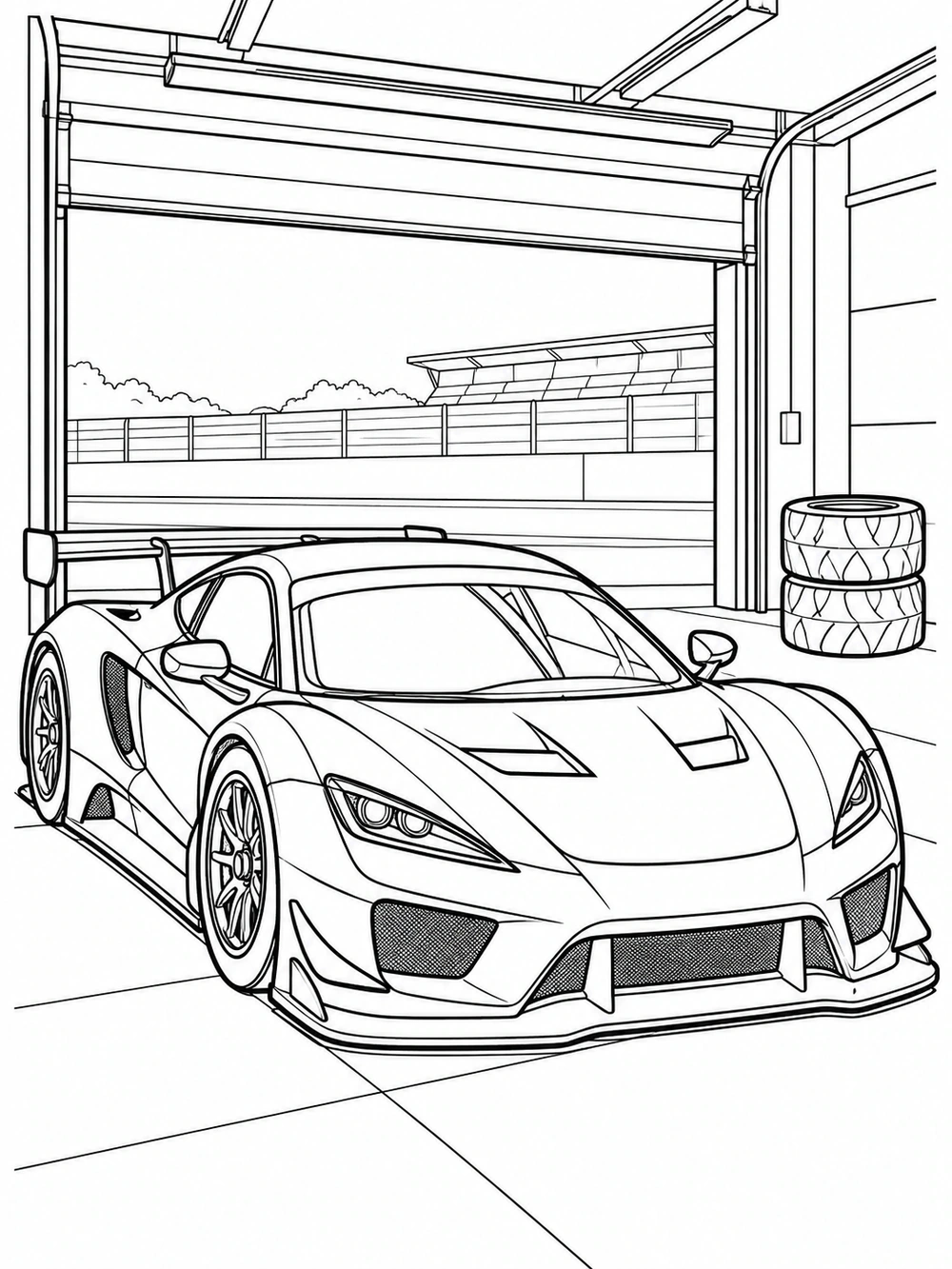 Sleek race car parked in a pit garage with two stacked spare tires, black outline coloring page
