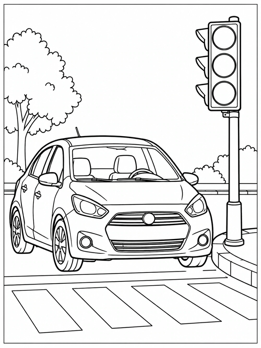 Front-angle hatchback at a traffic light with a crosswalk and curb, black-and-white coloring page