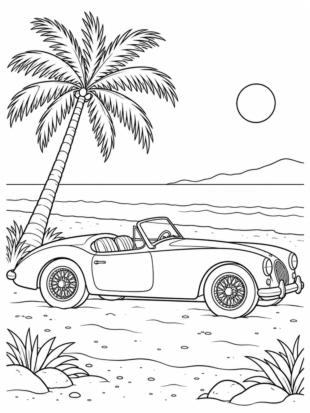 Classic roadster parked beside a palm tree on a beach coloring page