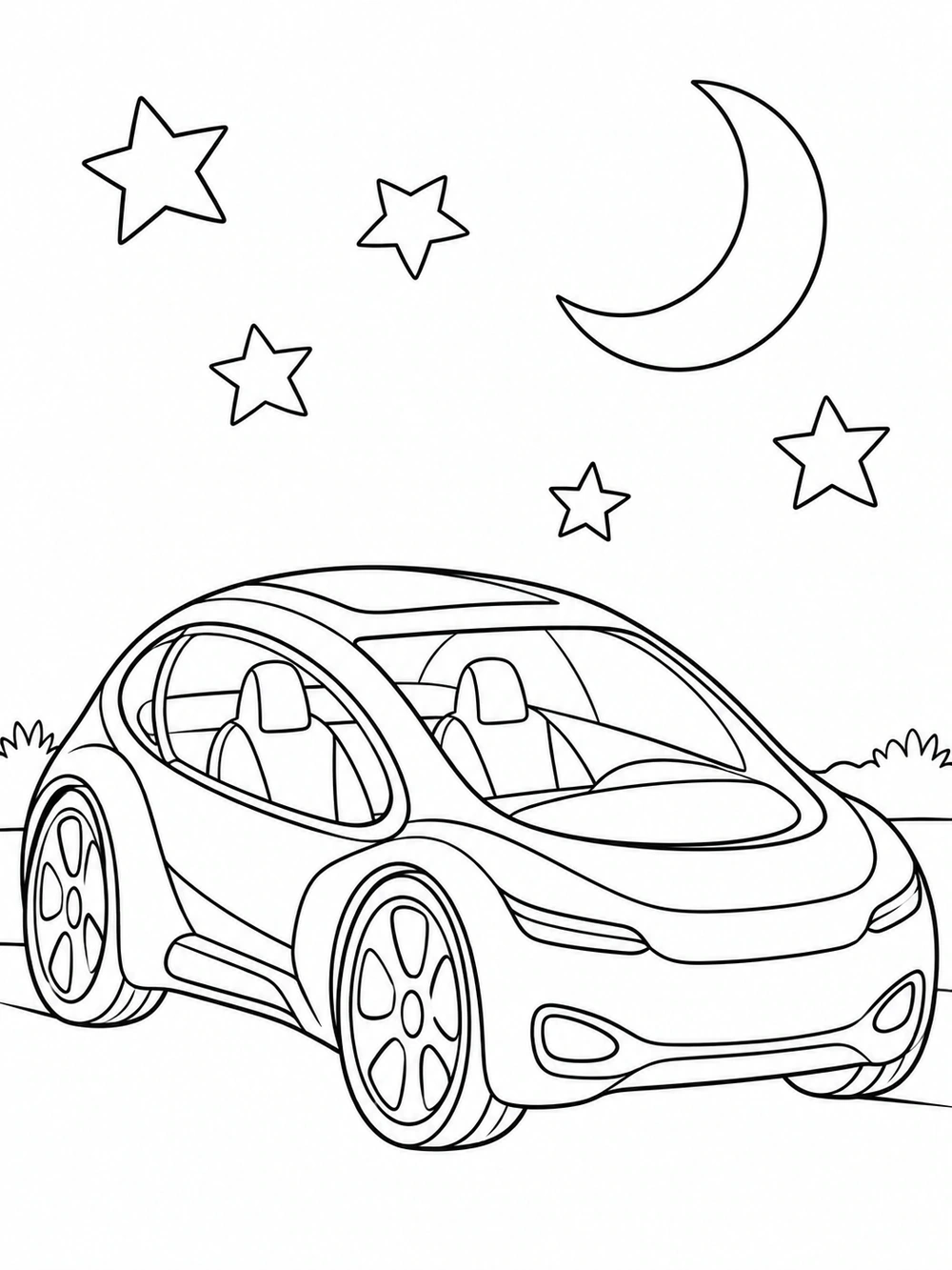 Rounded futuristic concept car with wide windows beneath a crescent moon and stars, printable coloring page