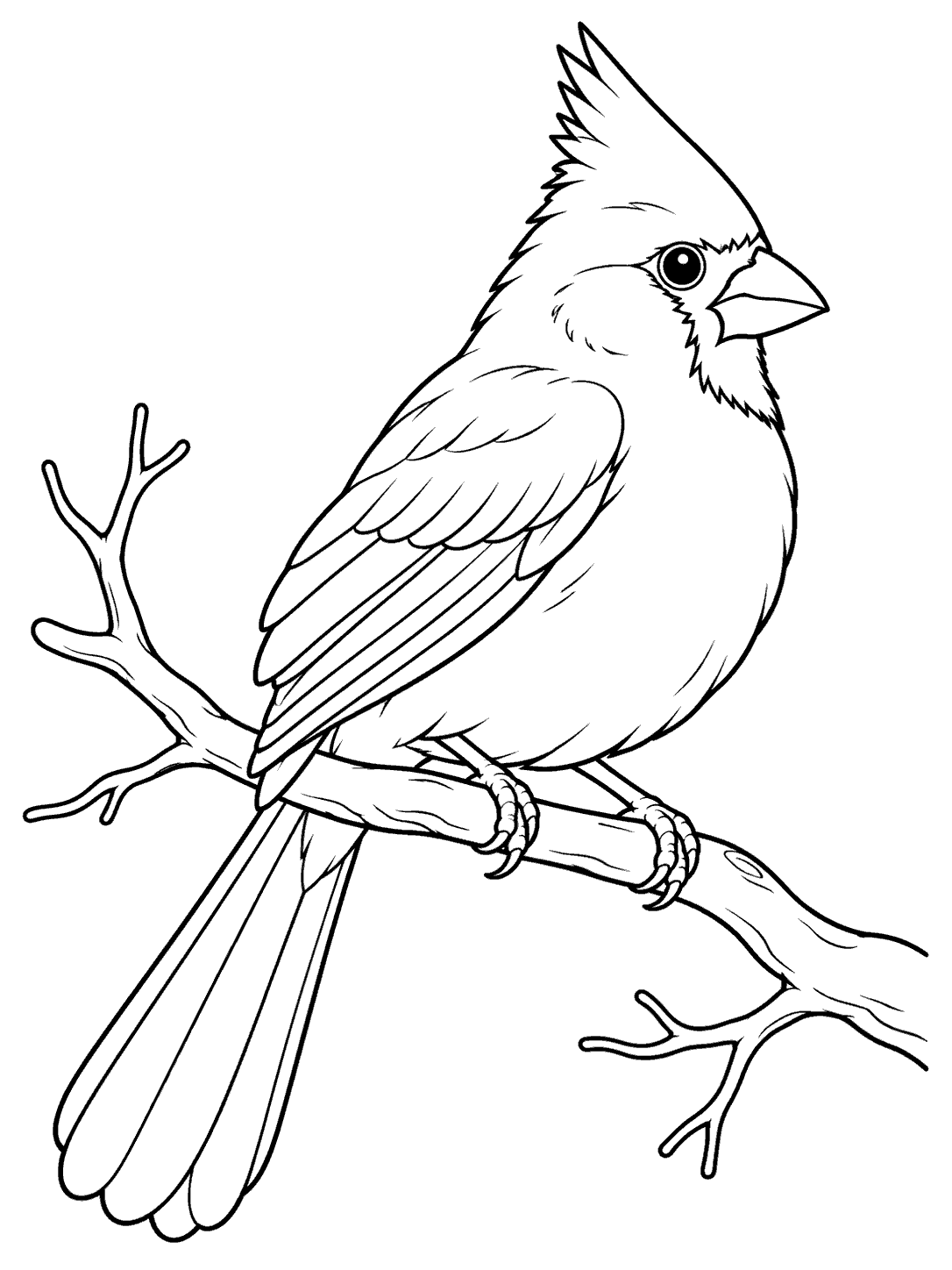 Black-outline coloring page showing a crested cardinal perched on a bare branch.