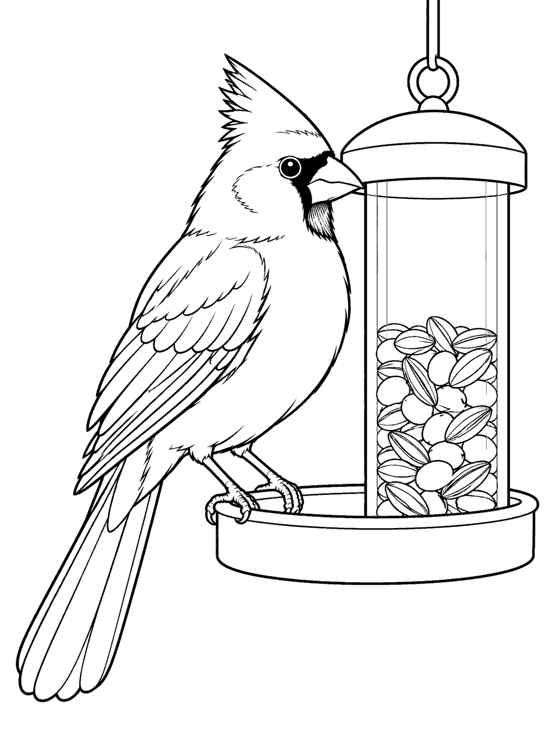 Cardinal at a hanging bird feeder coloring page