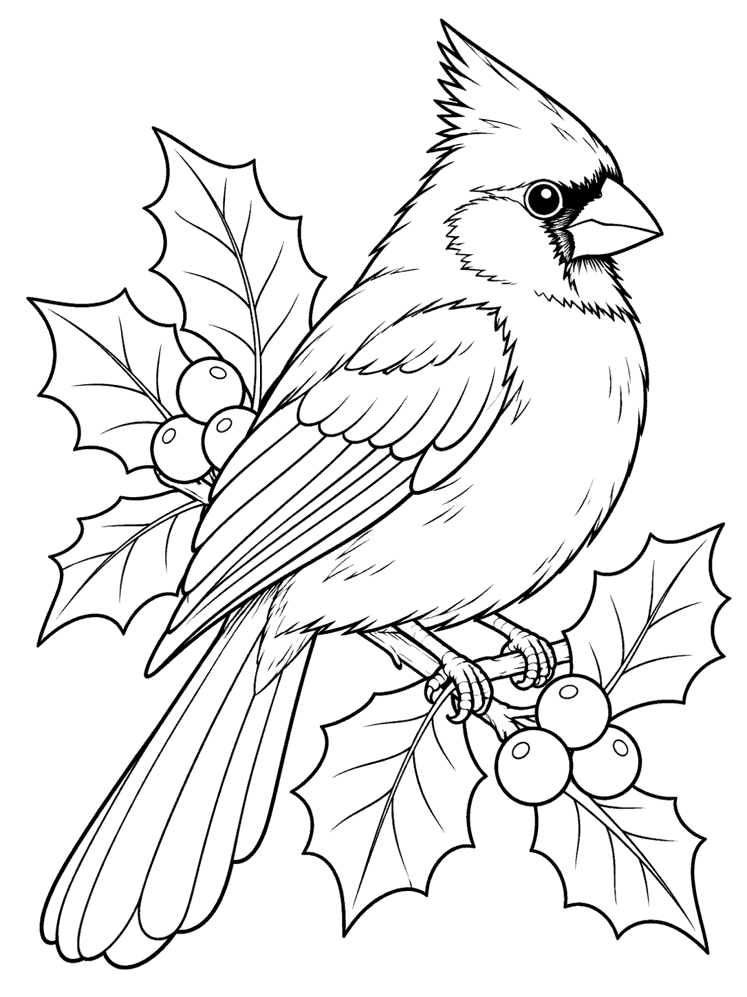 Black-outline coloring page of a cardinal perched among holly leaves and berries.