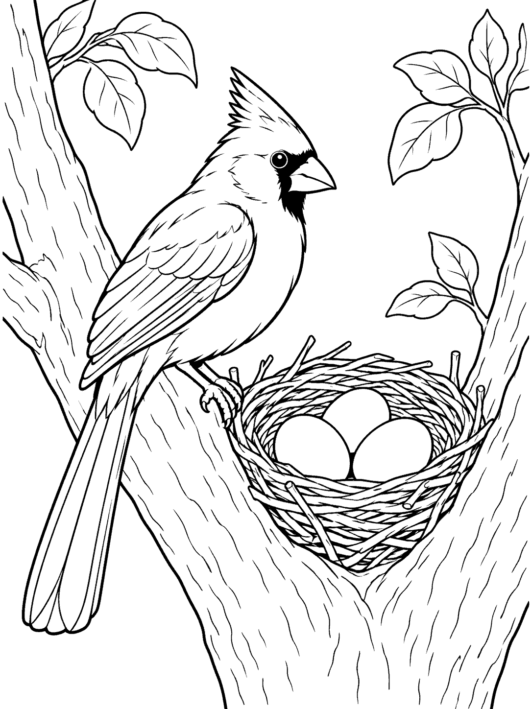 Black outline coloring page of a cardinal beside a nest holding three eggs in a broad tree fork, with leaves and open white coloring spaces.