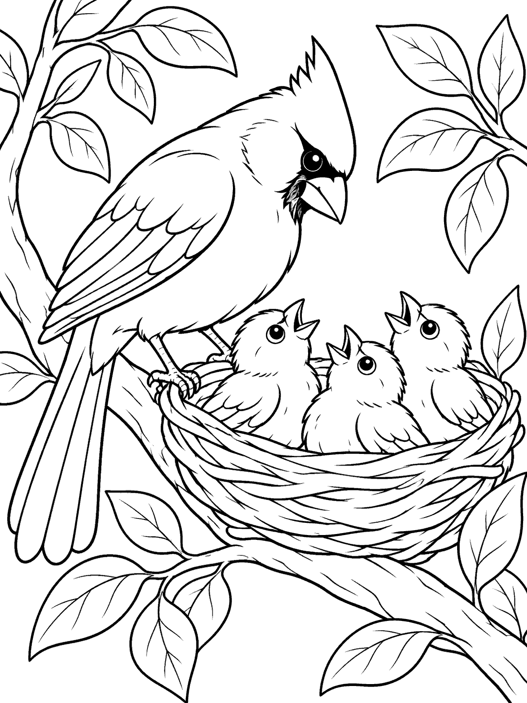 Cardinal with three chicks in a nest coloring page