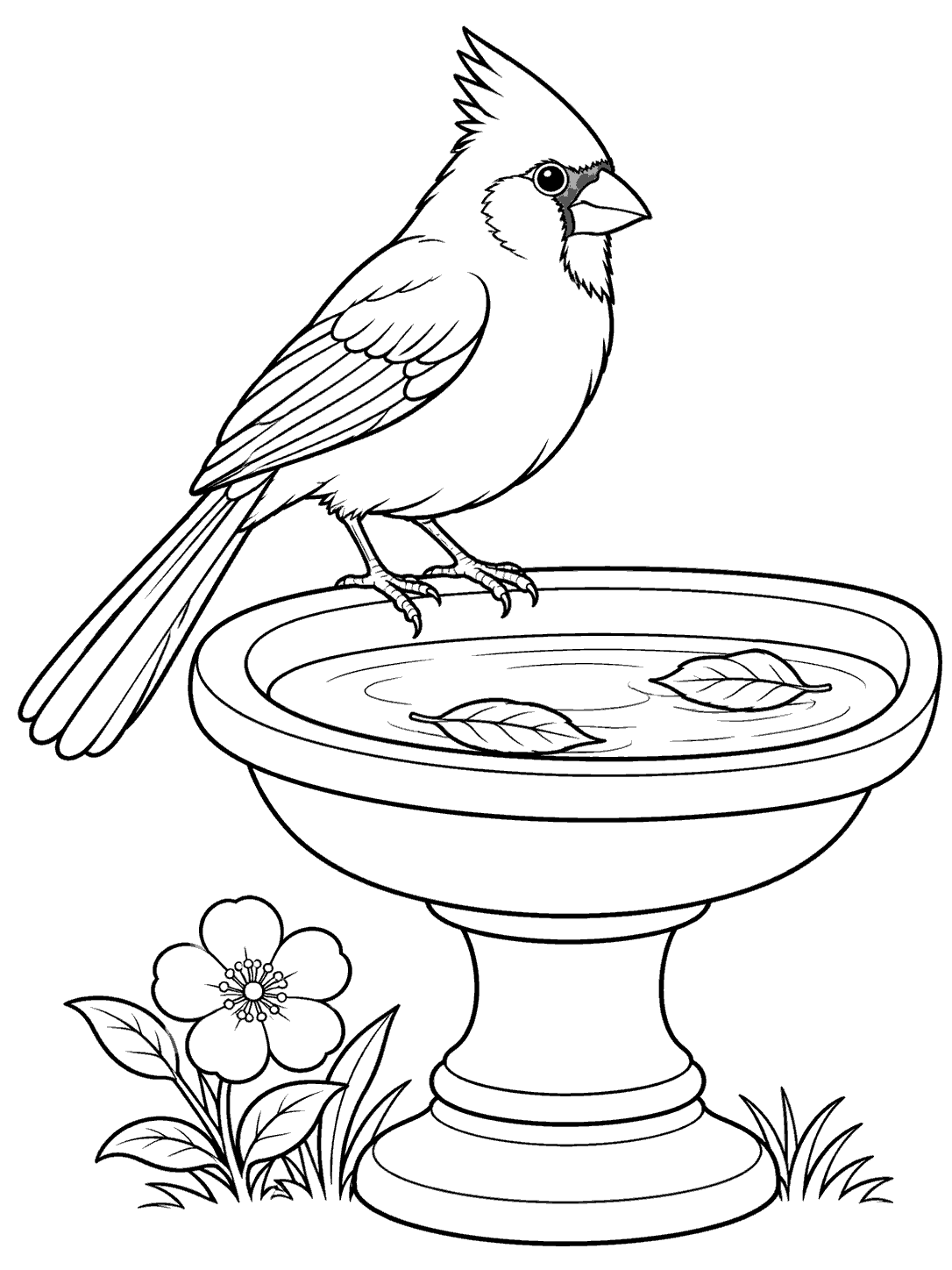 Black outline coloring page of a cardinal standing on a pedestal birdbath with two floating leaves and a flower beside the base