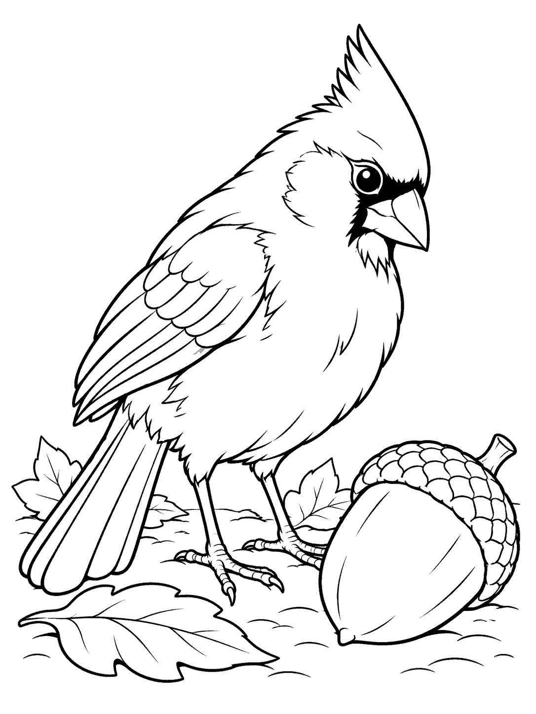 Black-outline coloring page of a crested cardinal standing beside a large acorn and leaves.