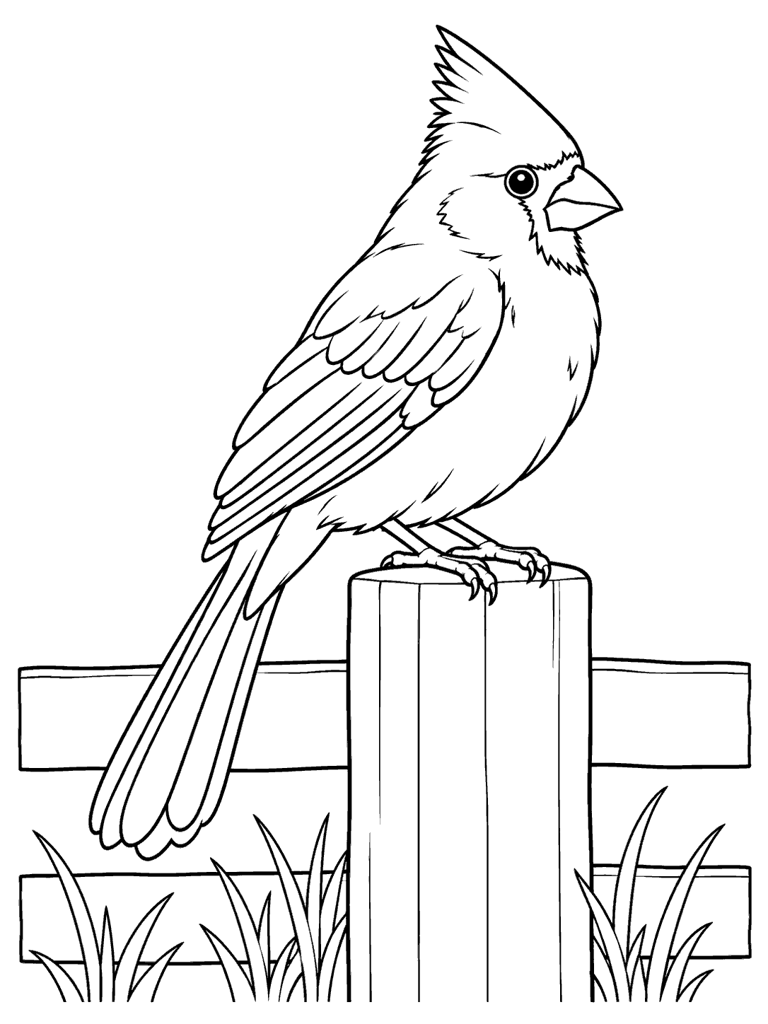 Black-outline cardinal perched on a wooden fence post with two rails and grass, coloring page