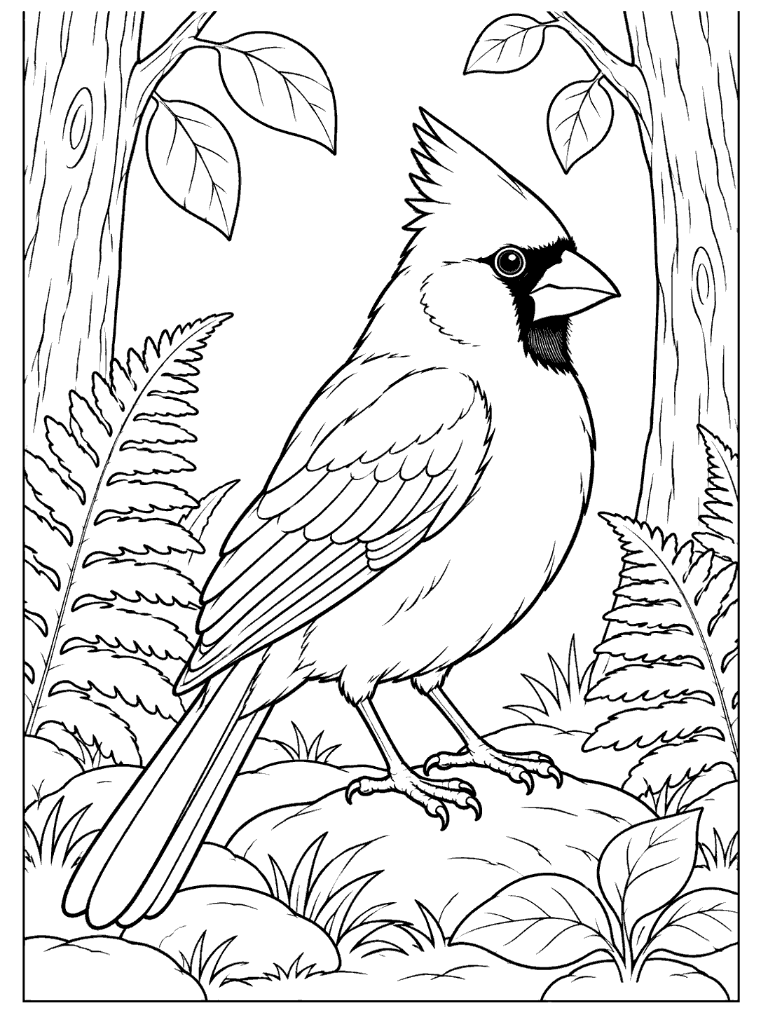 Black-outline coloring page of a prominent cardinal standing in a woodland clearing framed by two tree trunks, ferns, and leaves.