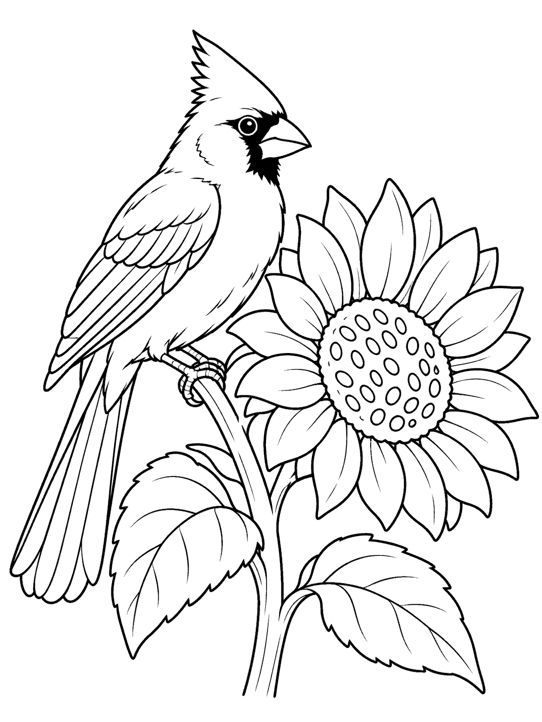 A line-art cardinal perched beside a large sunflower with broad petals and an open seed center.