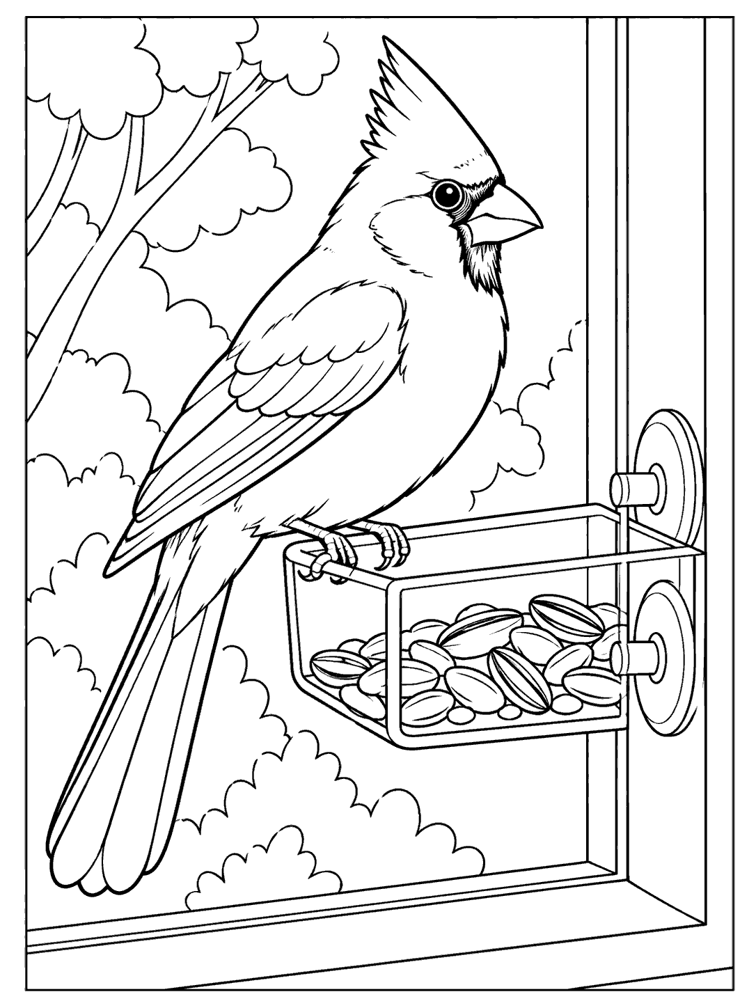 Black-outline coloring page of a cardinal perched on a clear-sided feeder attached to a window, with seeds inside and simple branches outside.