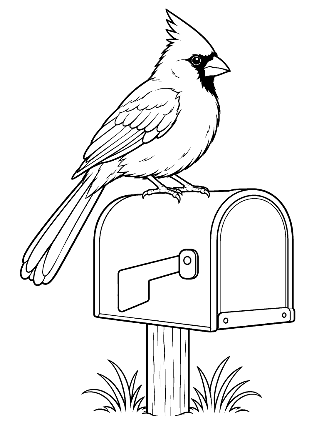 Black-outline cardinal perched on a blank rural mailbox with its flag lowered