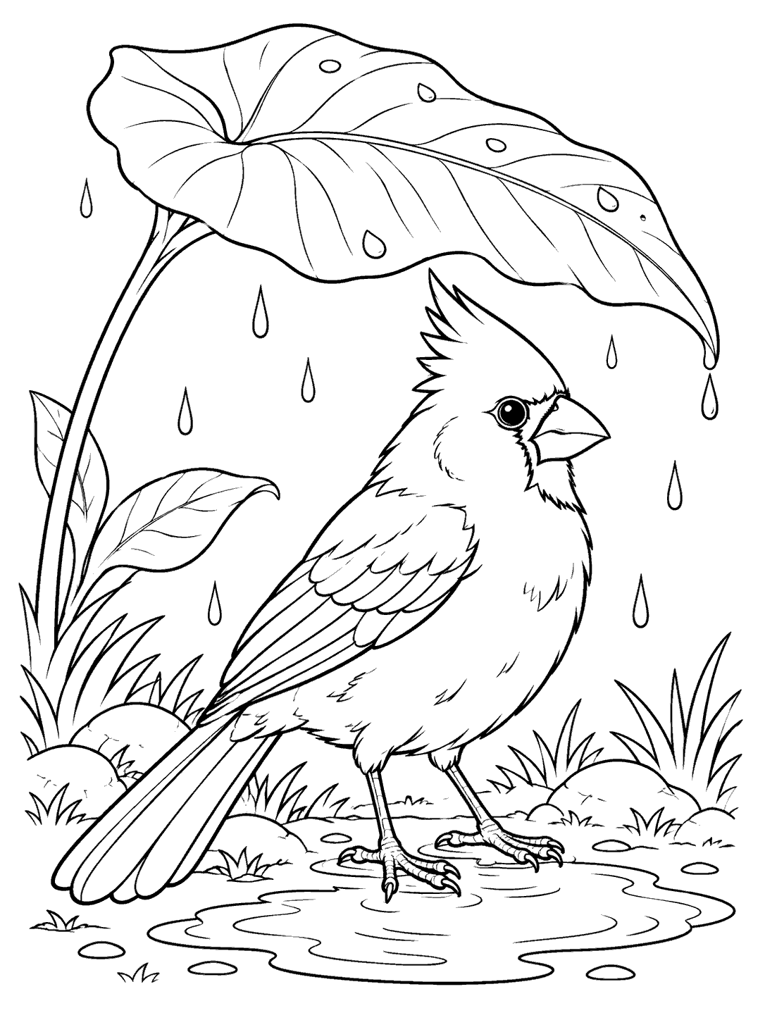 Cardinal sheltering beneath a leaf in the rain coloring page