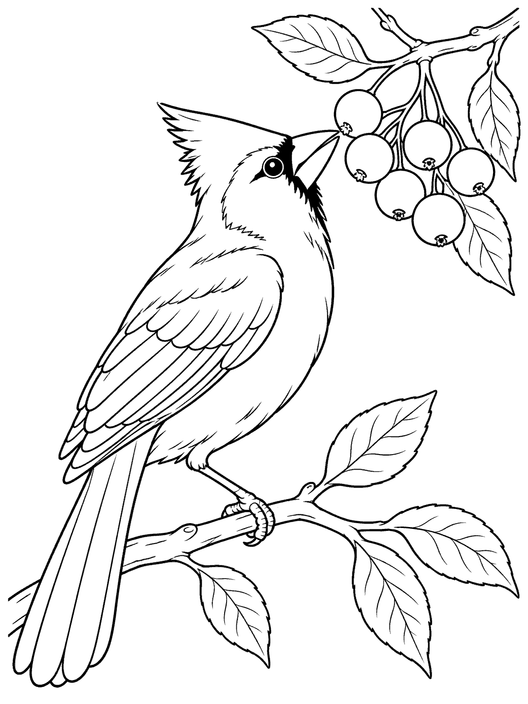 Cardinal reaching toward a berry branch coloring page