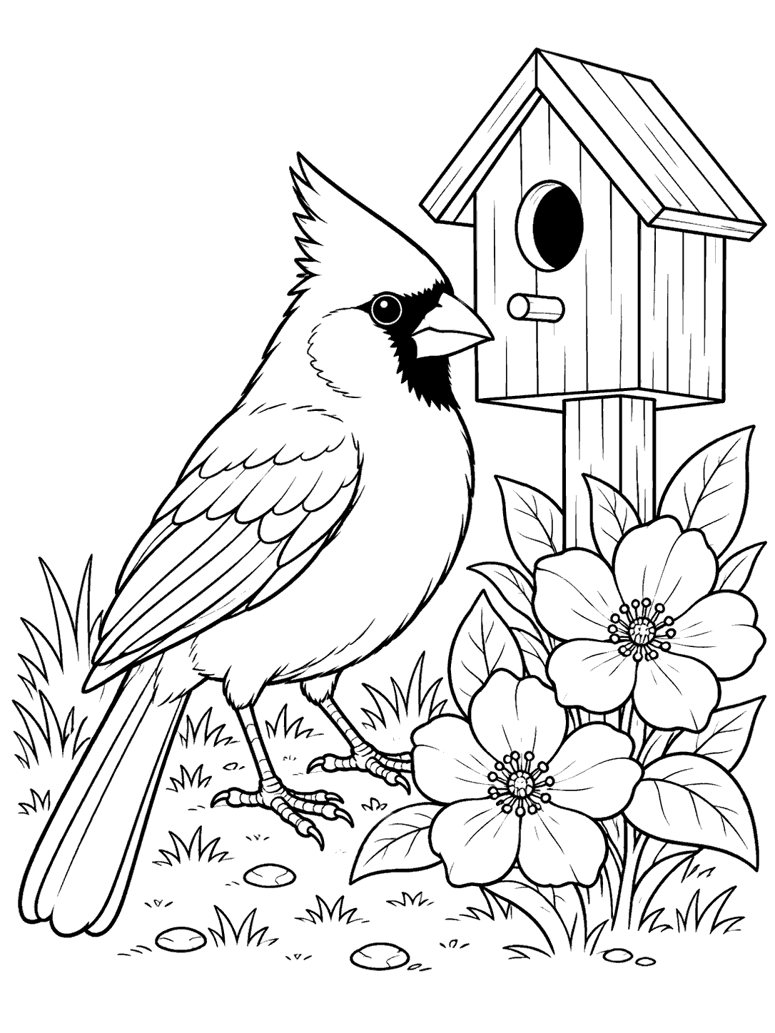 Black-outline coloring page of a cardinal beside a birdhouse on a post, surrounded by two flowers and garden grass.