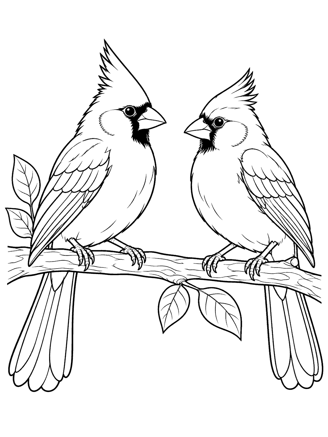 Black-outline coloring page showing two cardinals facing each other on a branch with a few leaves.