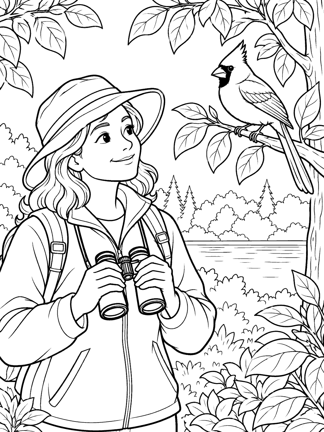 Adult birdwatcher holding binoculars and observing a cardinal coloring page