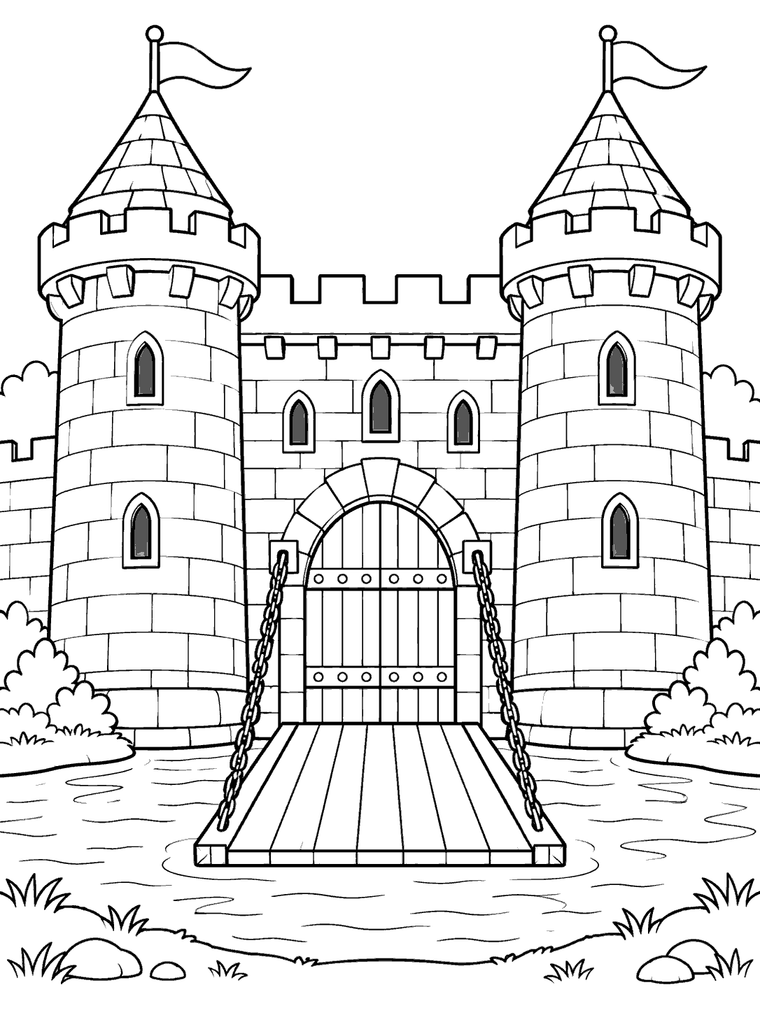 Stone castle with two round towers, a lowered drawbridge, and a moat