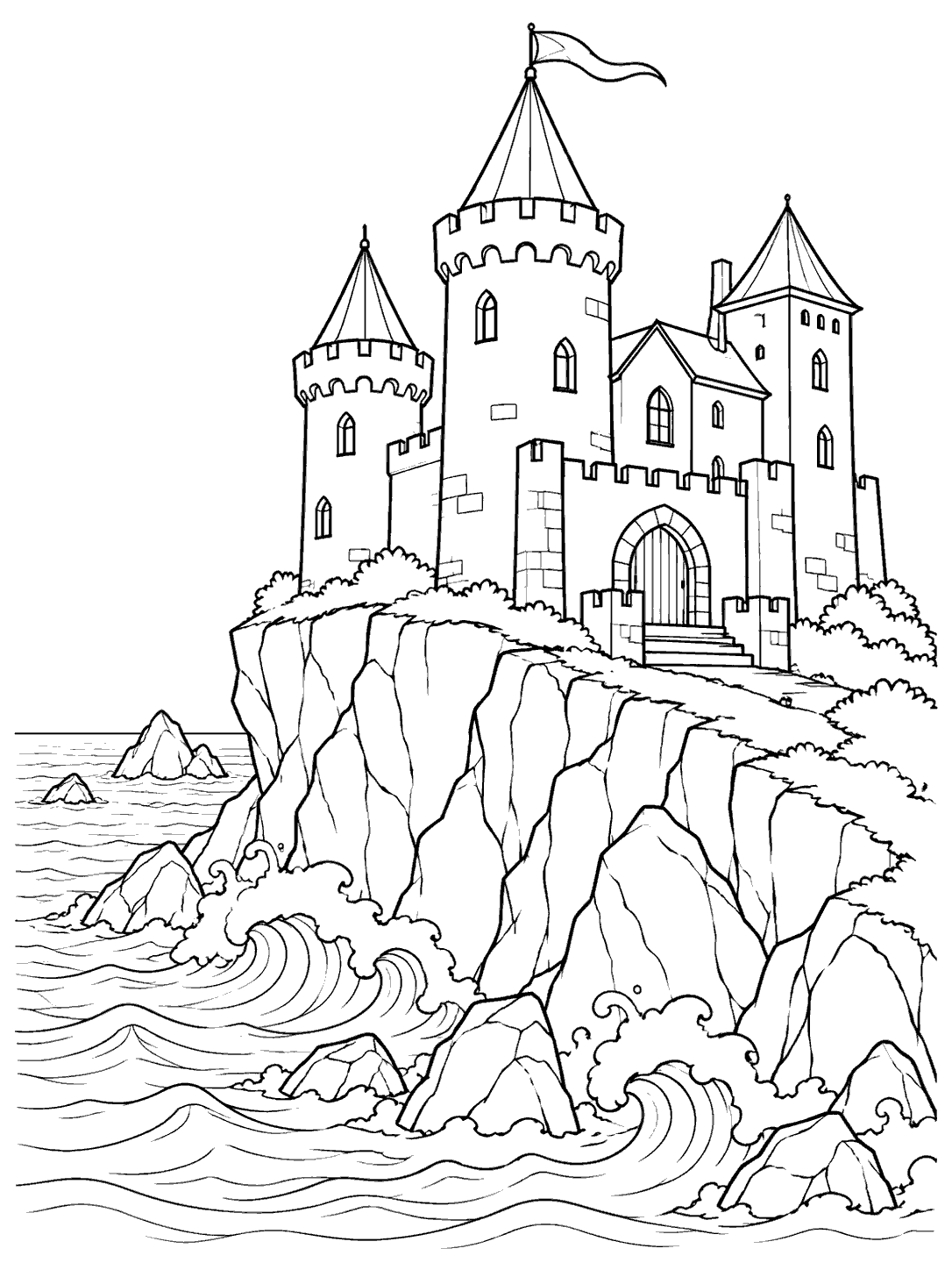 Line art of a flag-topped coastal castle perched on a tall rocky cliff above curling waves.