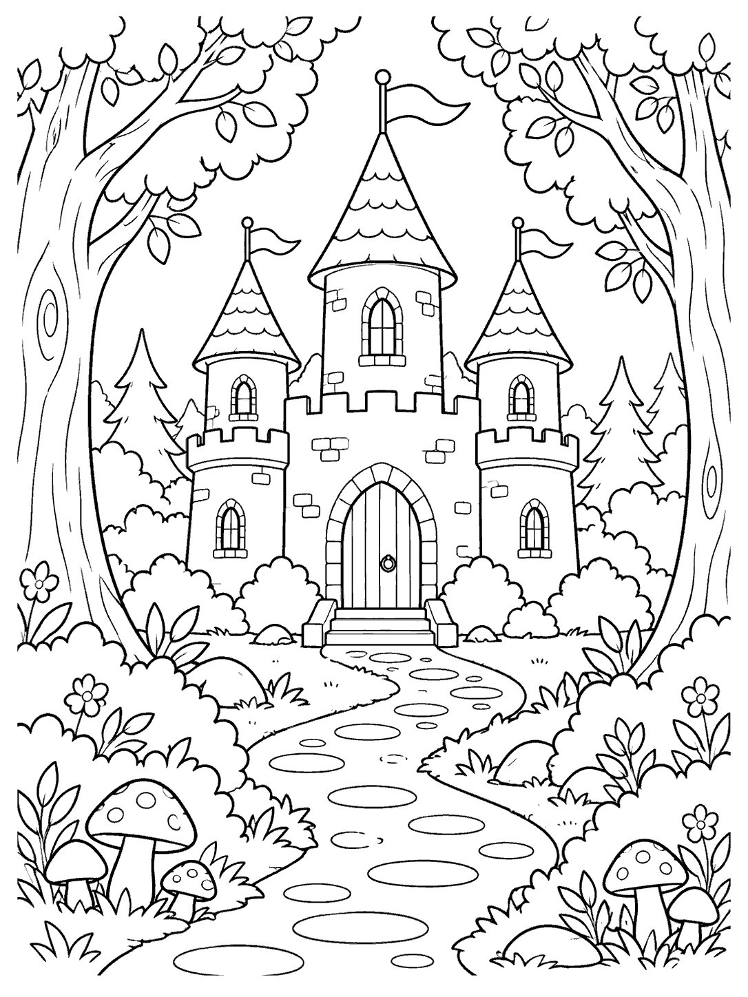 Fairy-tale castle in a forest clearing with winding path, framed by trees, shrubs, and mushrooms.