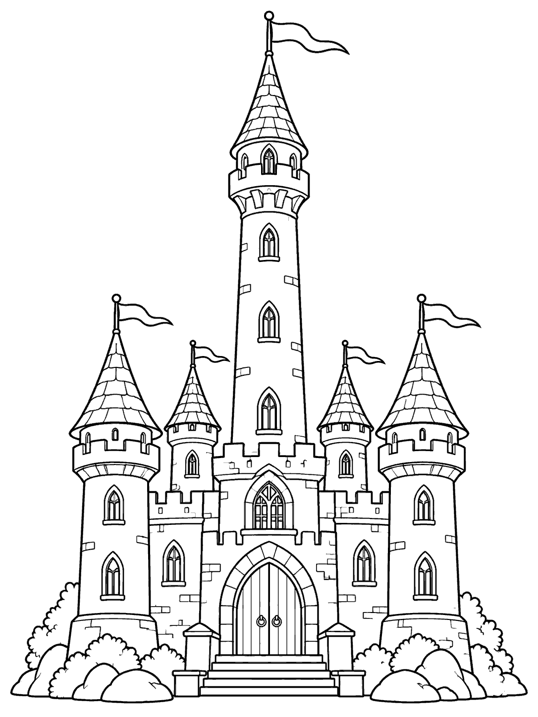 Black-and-white castle coloring page with a tall pennant-topped central tower, four pointed-roof turrets, windows, a front gate, and shrubs.