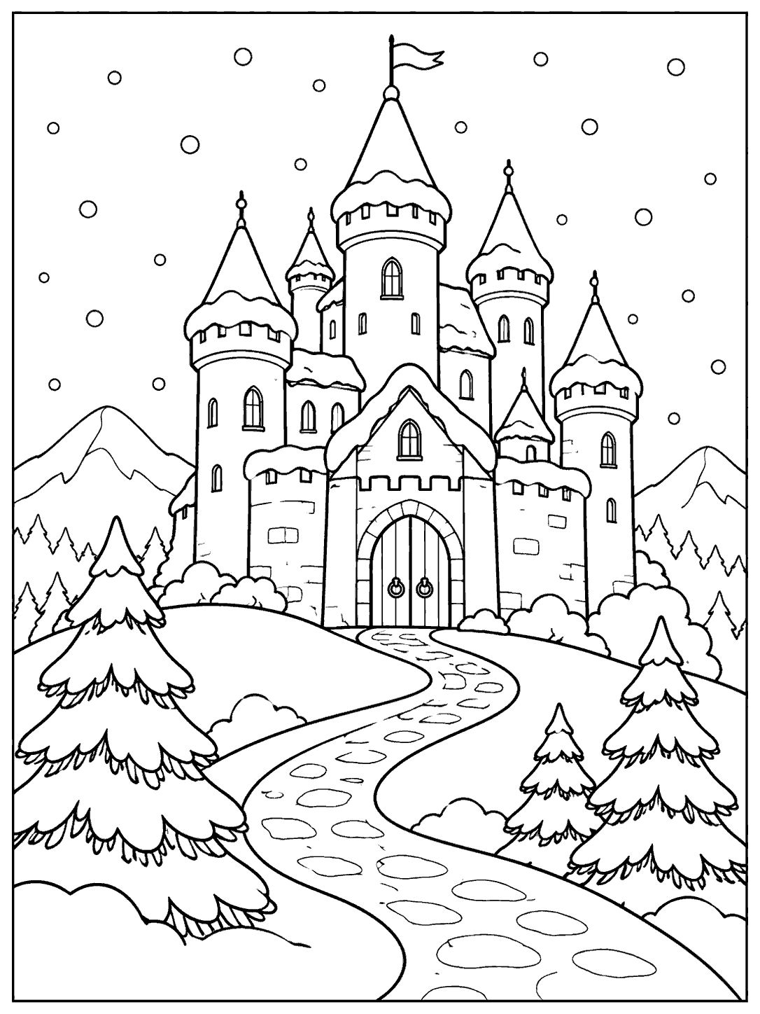 Line-art winter castle on a hill, with falling snowflakes, fir trees, and a curved path