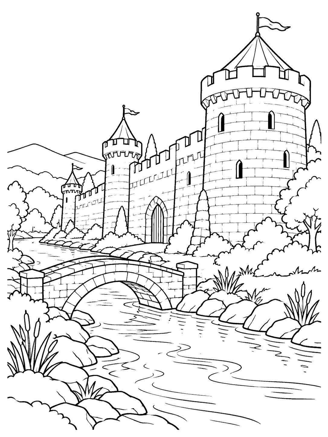 Black-and-white coloring page of a crenellated stone fortress with round towers beside a winding river, with an arched footbridge, rocks, and reeds.