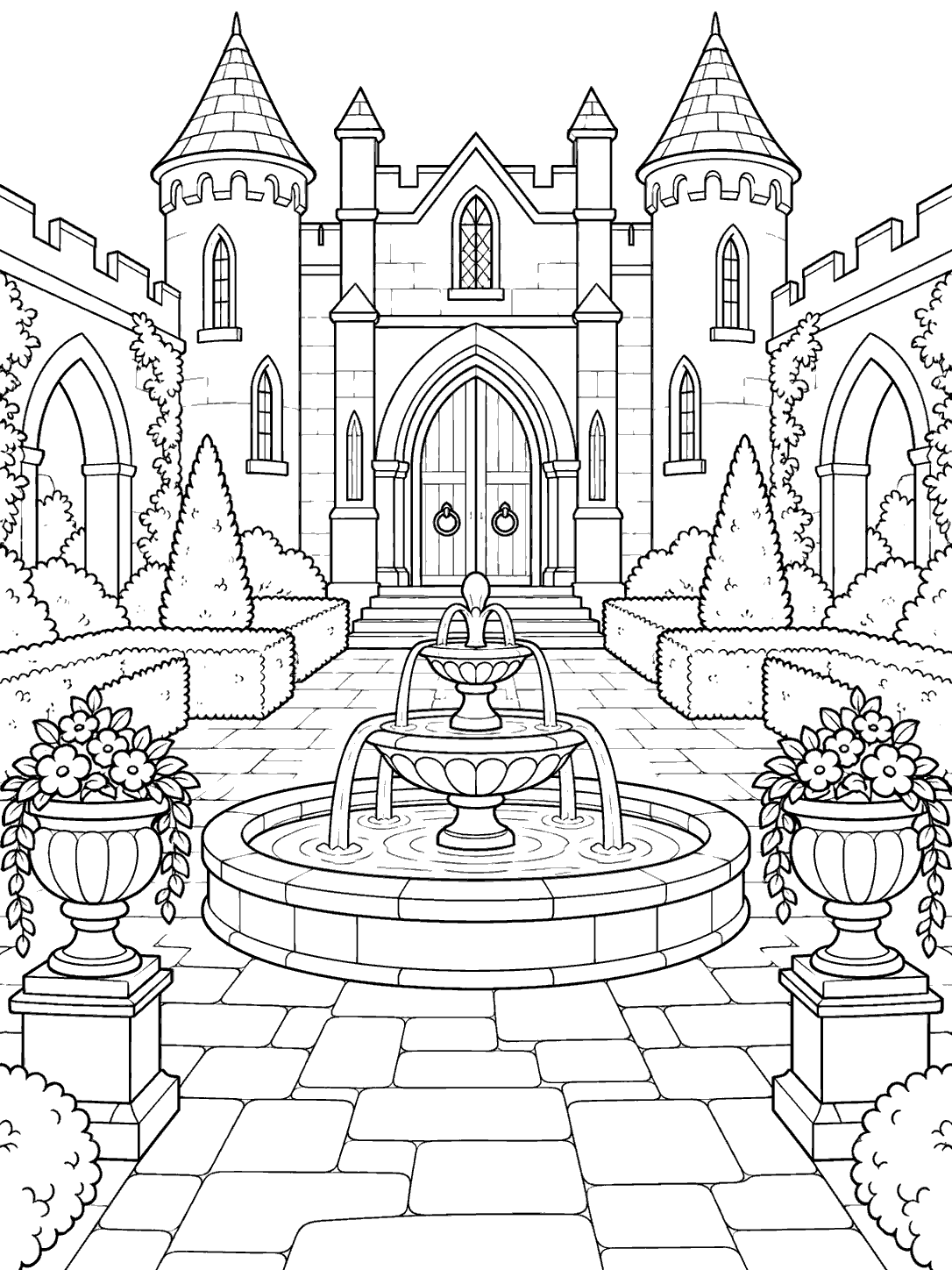 Symmetrical castle courtyard coloring page with an arched castle entrance, a tiered round fountain, clipped hedges, and matching flower planters.