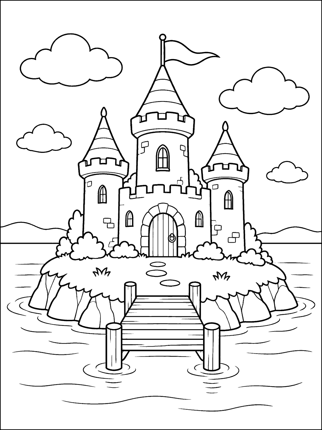 Three-towered castle with a flag on a small island, reached by a dock and surrounded by calm water and clouds.