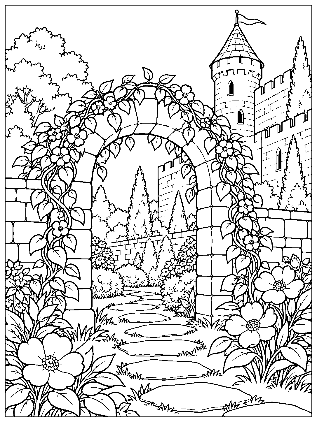 A stone arch covered in vines and flowers frames a stepping-stone garden path, castle walls, and a small tower.