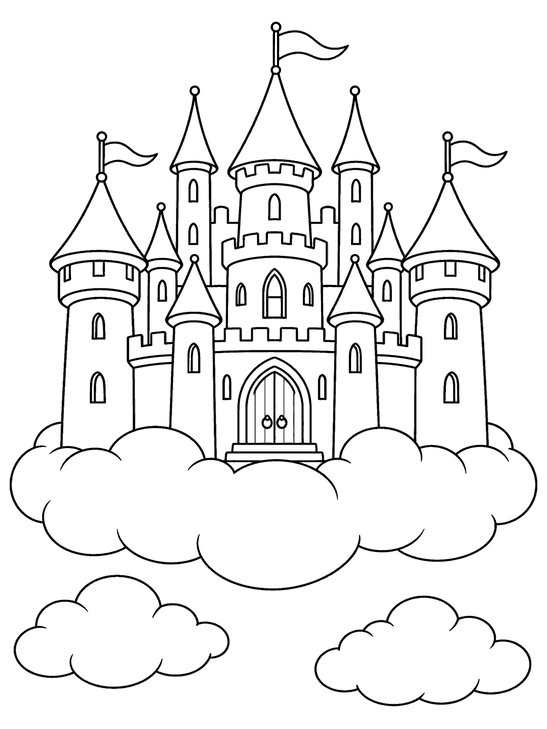 Black-and-white line art of a flag-topped fantasy castle perched on a large scalloped cloud above two smaller clouds.