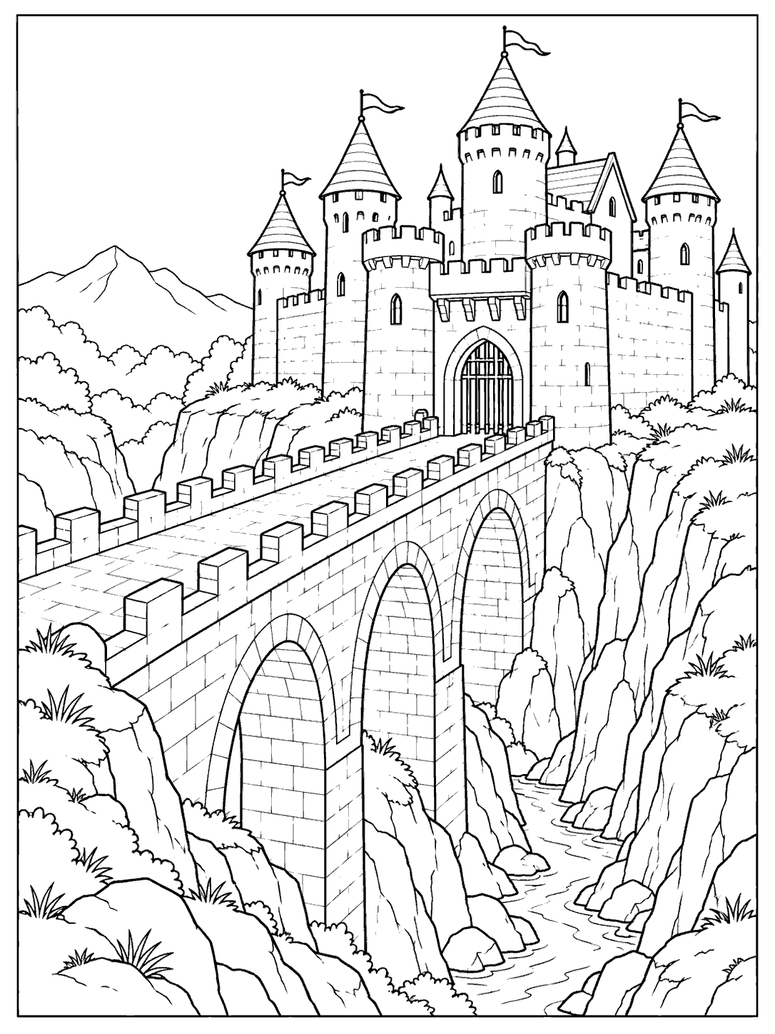Black and white castle coloring page showing a long stone bridge over a ravine leading to a tall, turreted castle gate.