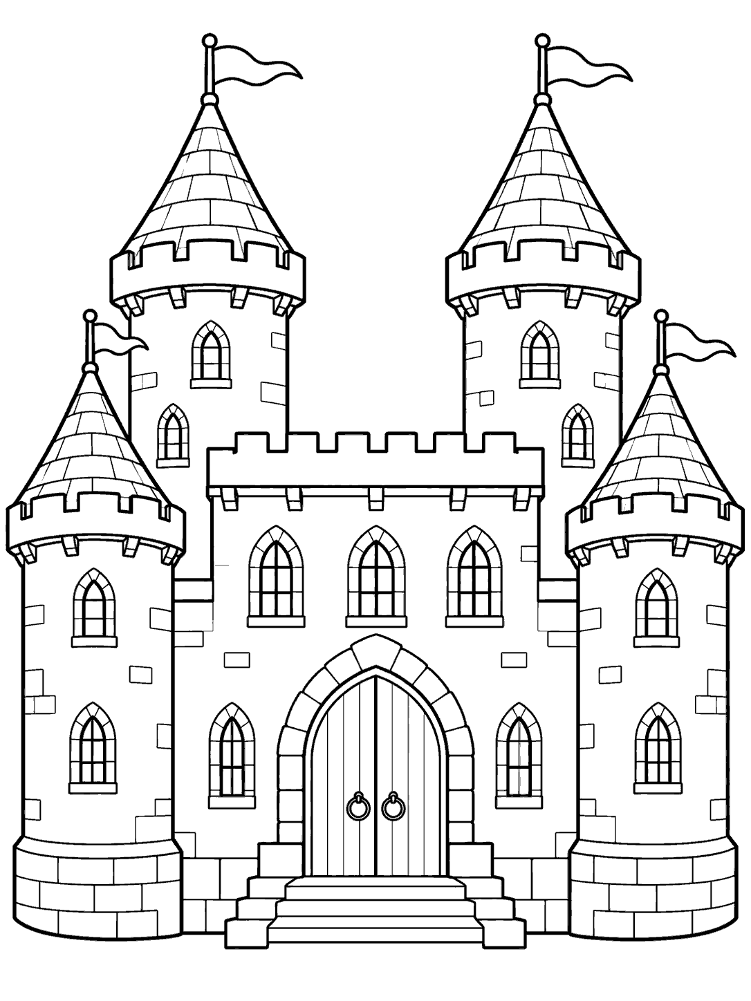 Symmetrical castle with four conical-roofed round towers around a central hall