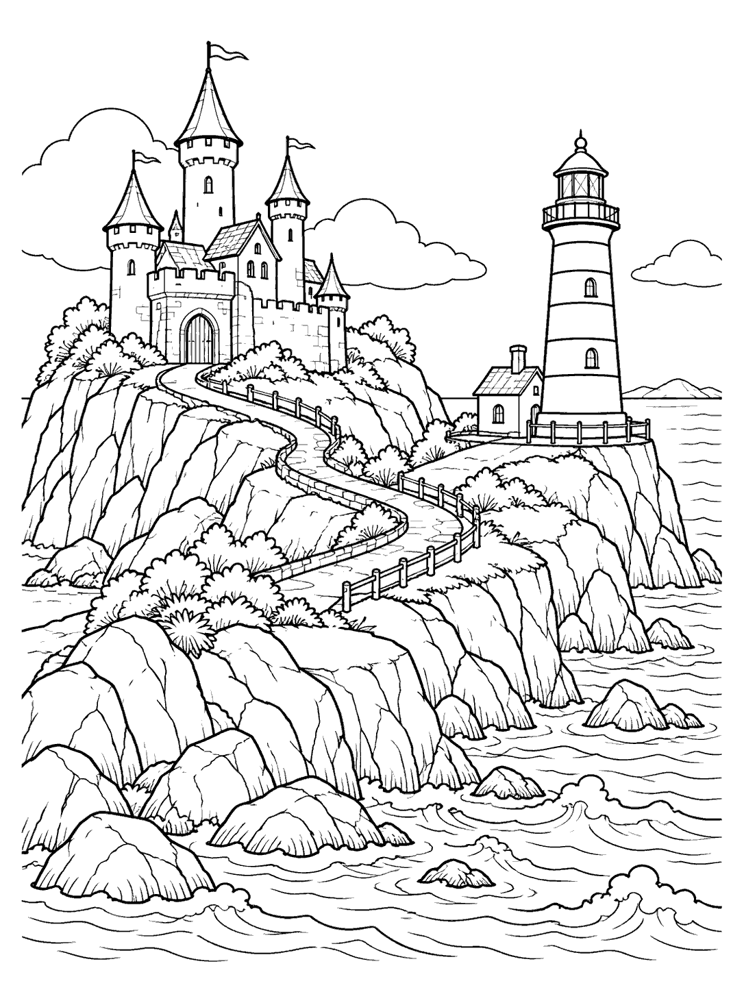 Detailed black line art of a castle and a striped lighthouse on separate sides of a rocky coastal headland, with a winding path and waves below.