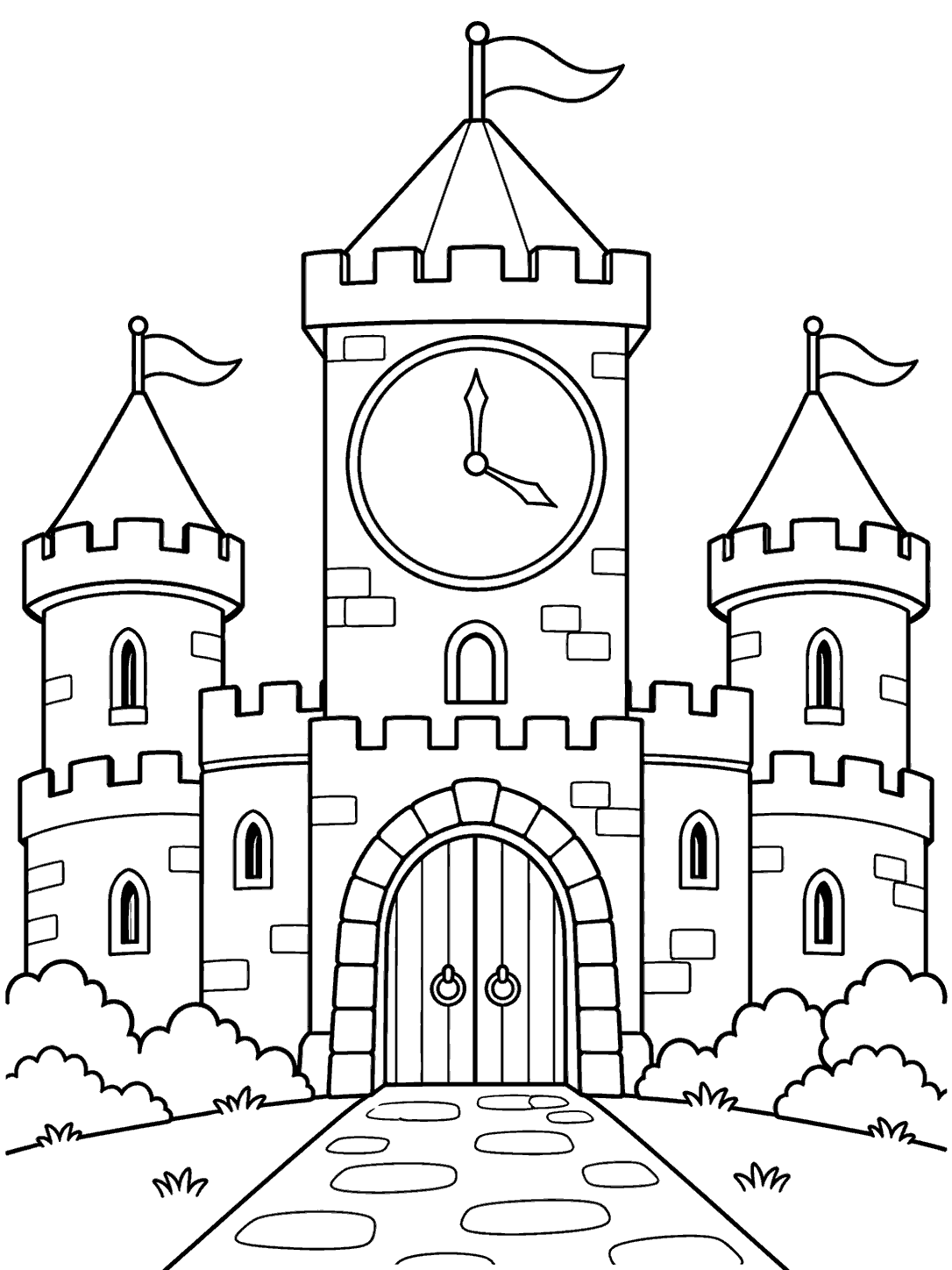 Compact castle coloring page with a tall clock tower, clear clock hands, two side turrets, crenellated walls, and an arched gate.