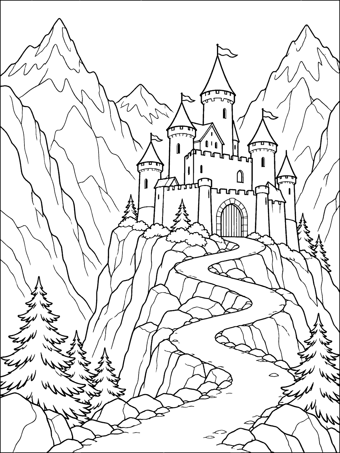 A detailed mountain castle between tall peaks, with a winding approach and pine trees along the lower edges.