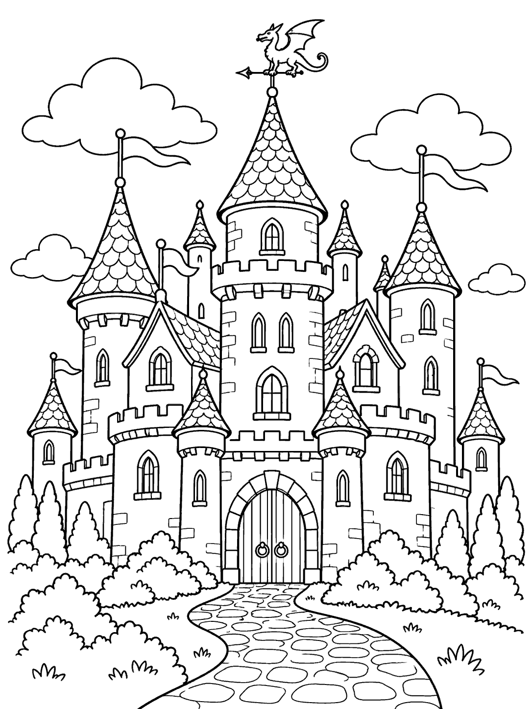 Detailed castle coloring page with varied towers, flags, clouds, shrubs, a path, and a dragon weather vane atop the tallest roof.