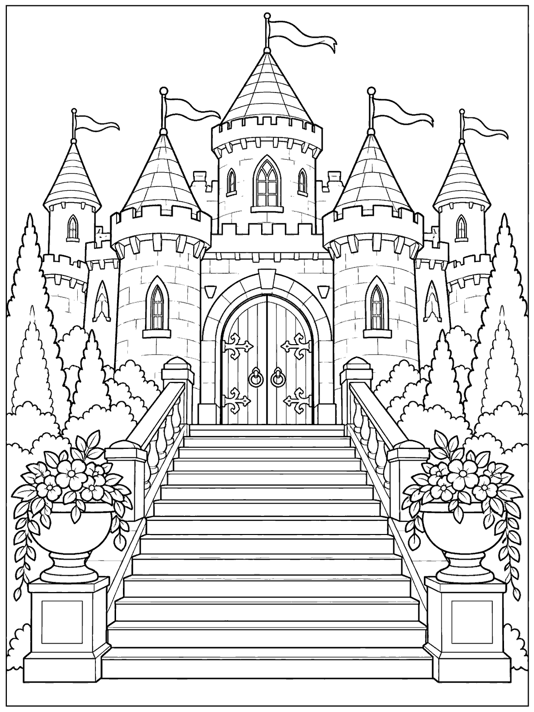Castle entrance with a broad central staircase, low balustrades, flower planters, and multiple towers.