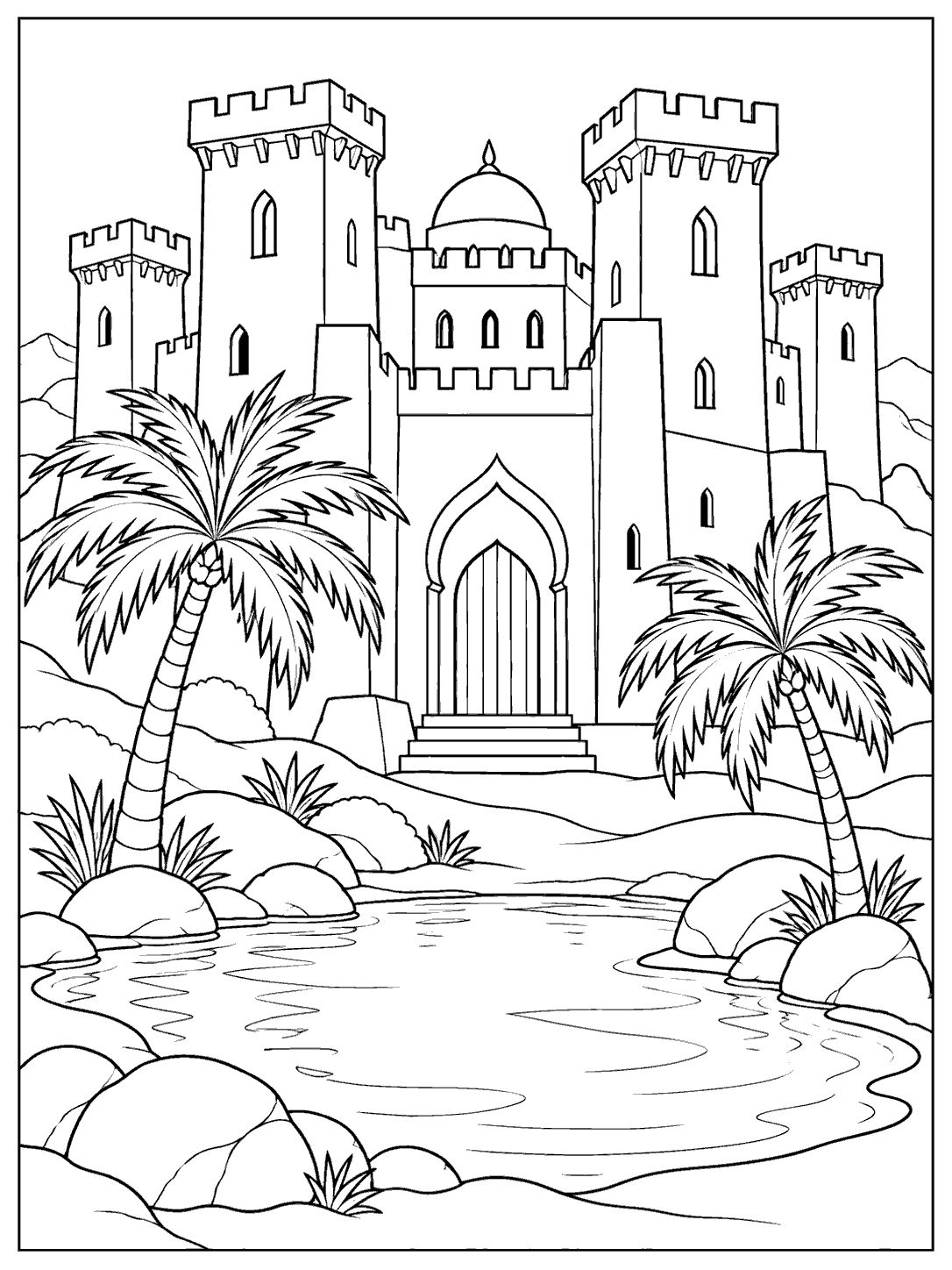 Black-and-white desert castle coloring page with flat-topped towers, a central arched entrance, two palms, rocks, and an oasis pool.