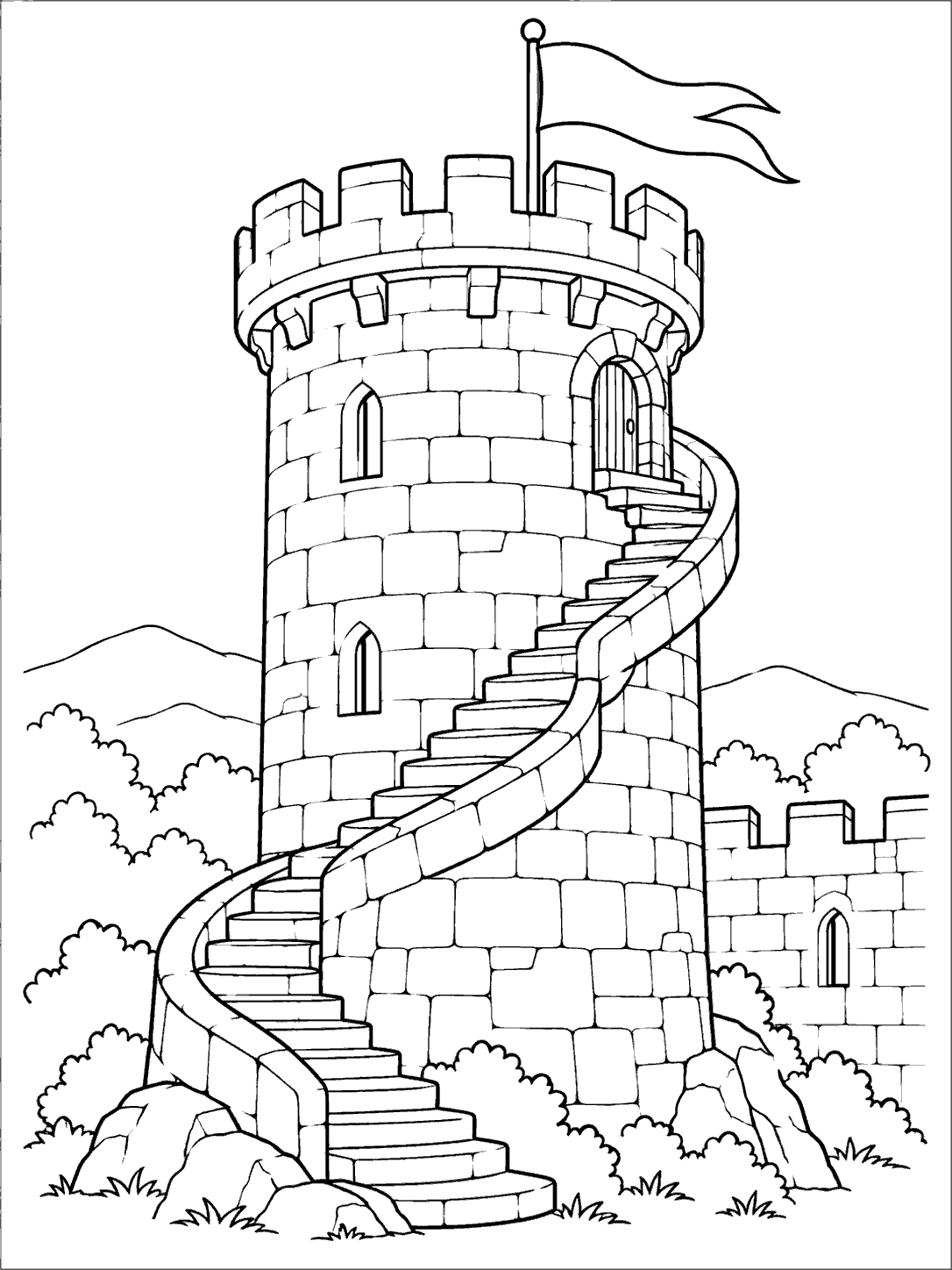Large round stone castle tower with a winding exterior staircase, battlements, a flag, and a low adjoining wall