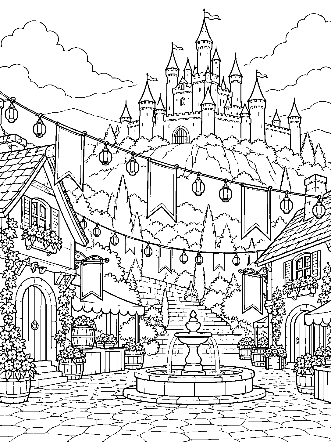 Castle overlooking a village square decorated with blank banners and lanterns