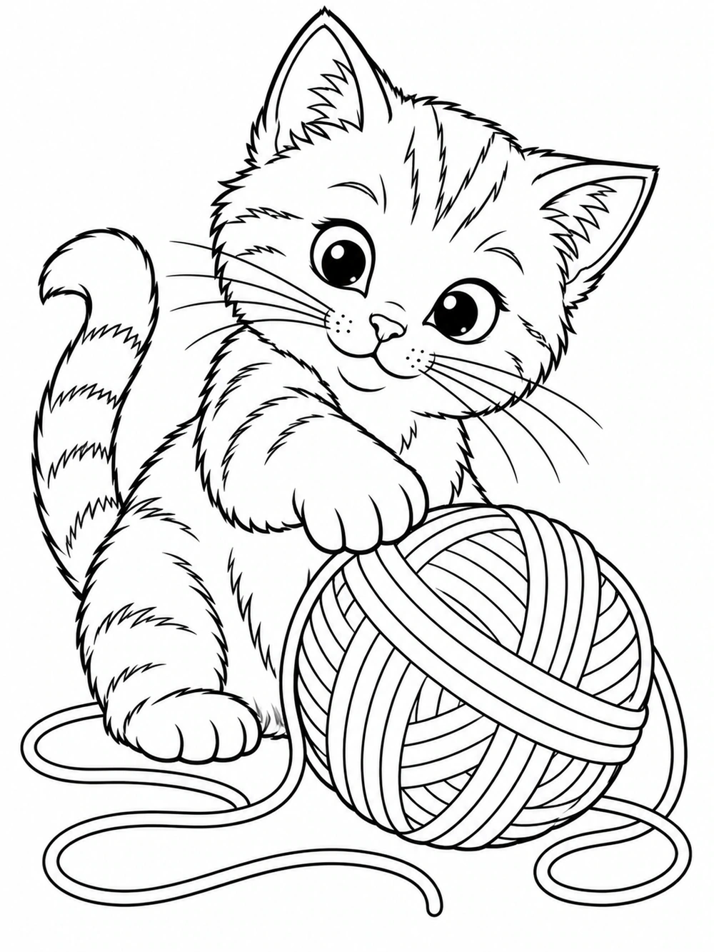 A playful kitten reaching for a ball of yarn