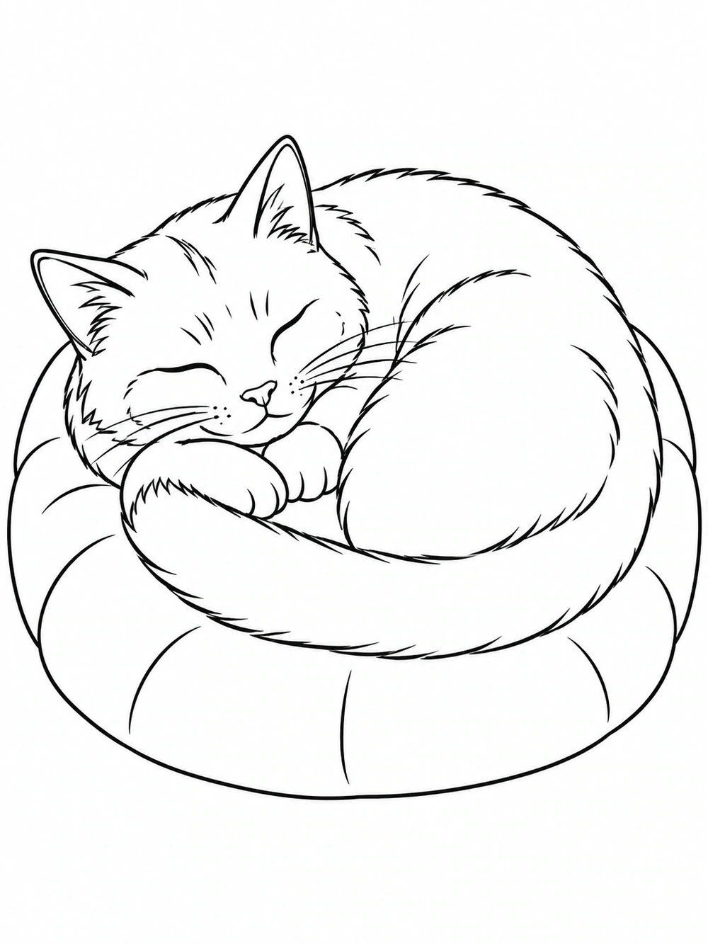 A curled cat sleeping on a cushion