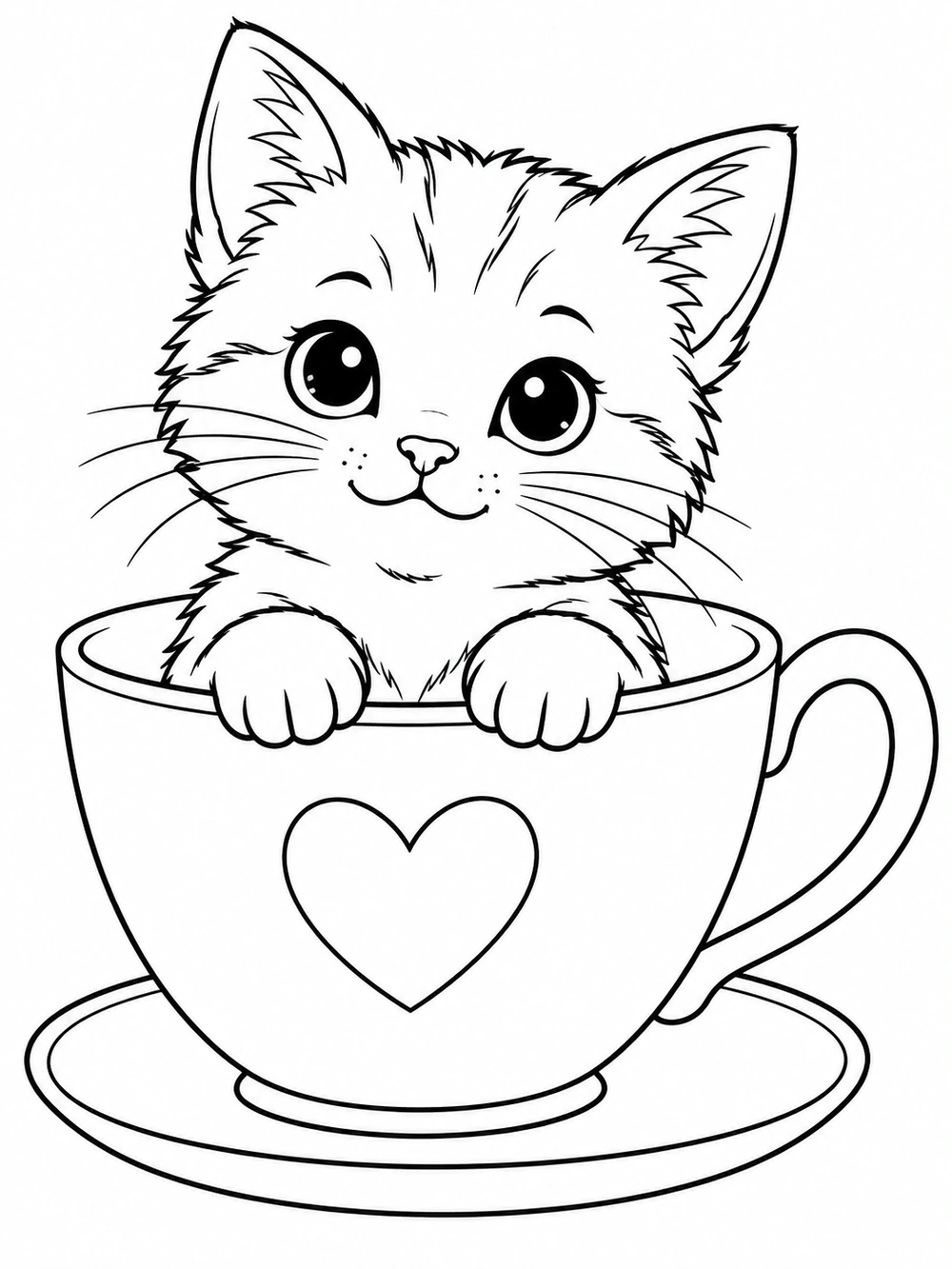 A fluffy kitten with its paws over the rim of a heart-decorated teacup, resting on a saucer