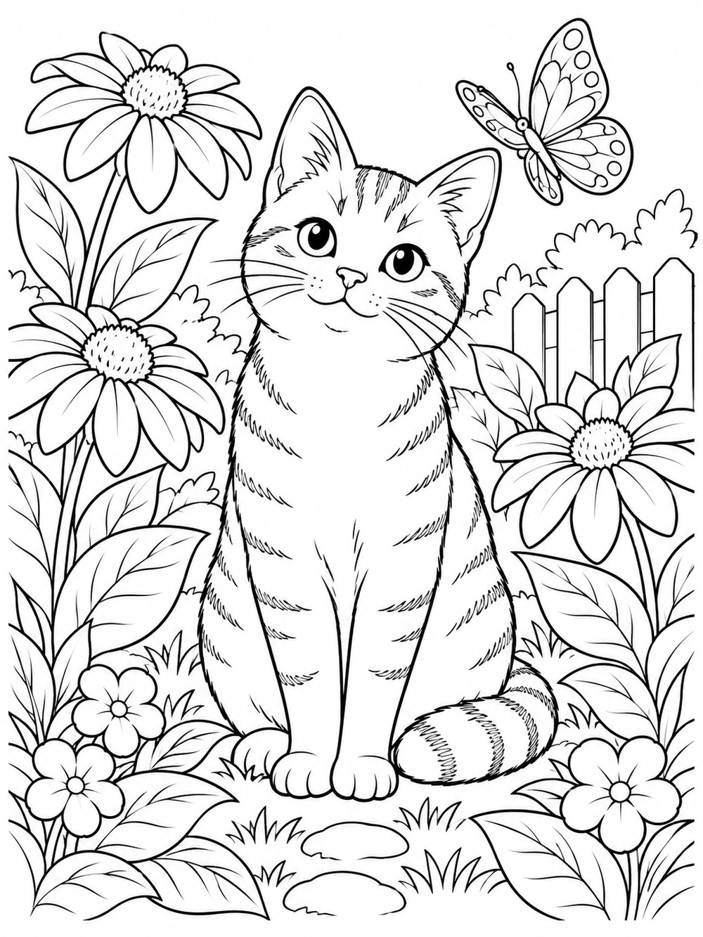 A seated striped cat surrounded by flowers and leaves, with a butterfly and garden fence behind it.